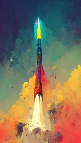 Space rocket, miisile illustration, cartoon image vintage ilustration in red, blue and green colors.