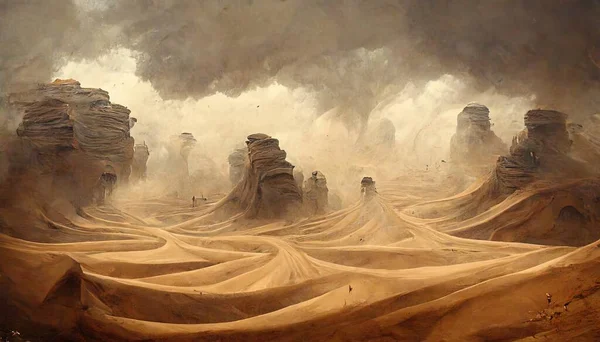 Desert storm landscape. Large desert landscape with heavy sand storm.