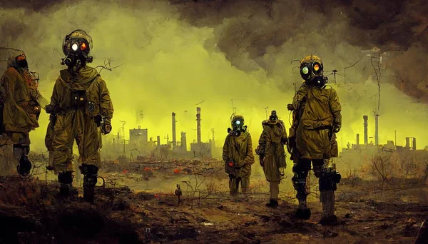 Post apocalyptic world with soldiers in protective suits. Humanity evolution over a cataclism.