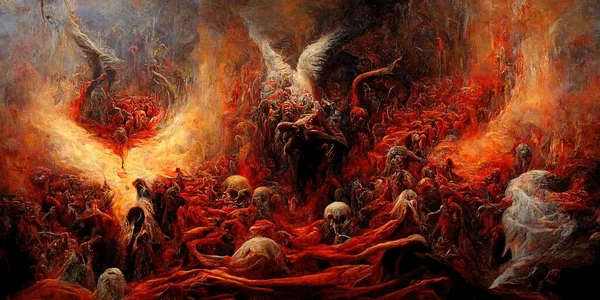 The hell inferno metaphor, souls entering to hell in mesmerize fluid motion, with hell fire and smoke