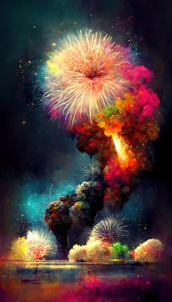 beautiful fireworks on dark sky, big party and colorful explosions of colors