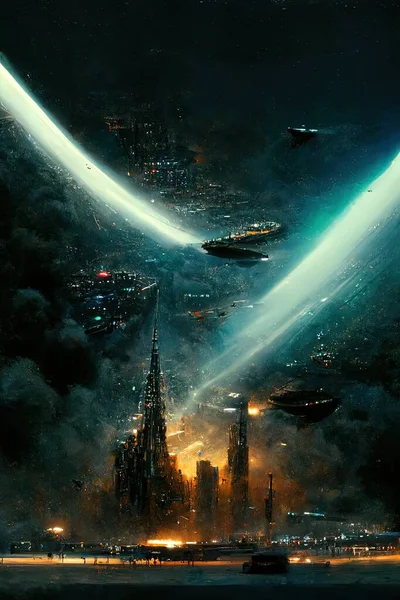 Fantasy world human or alien civilization with space ships and futuristic neo city