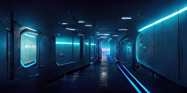Hallway in futuristic space station facility, with neon lights and cinematic lighting look