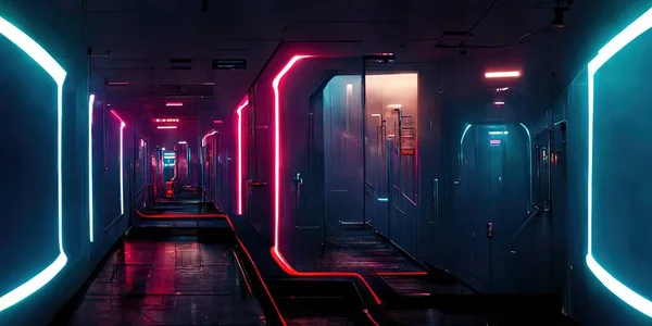 Hallway in futuristic space station facility, with neon lights and cinematic lighting look