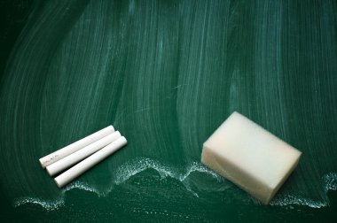 Krijt en spons op een groene schoolbord