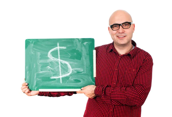bir kara tahta üzerinde dolar işareti olan adam