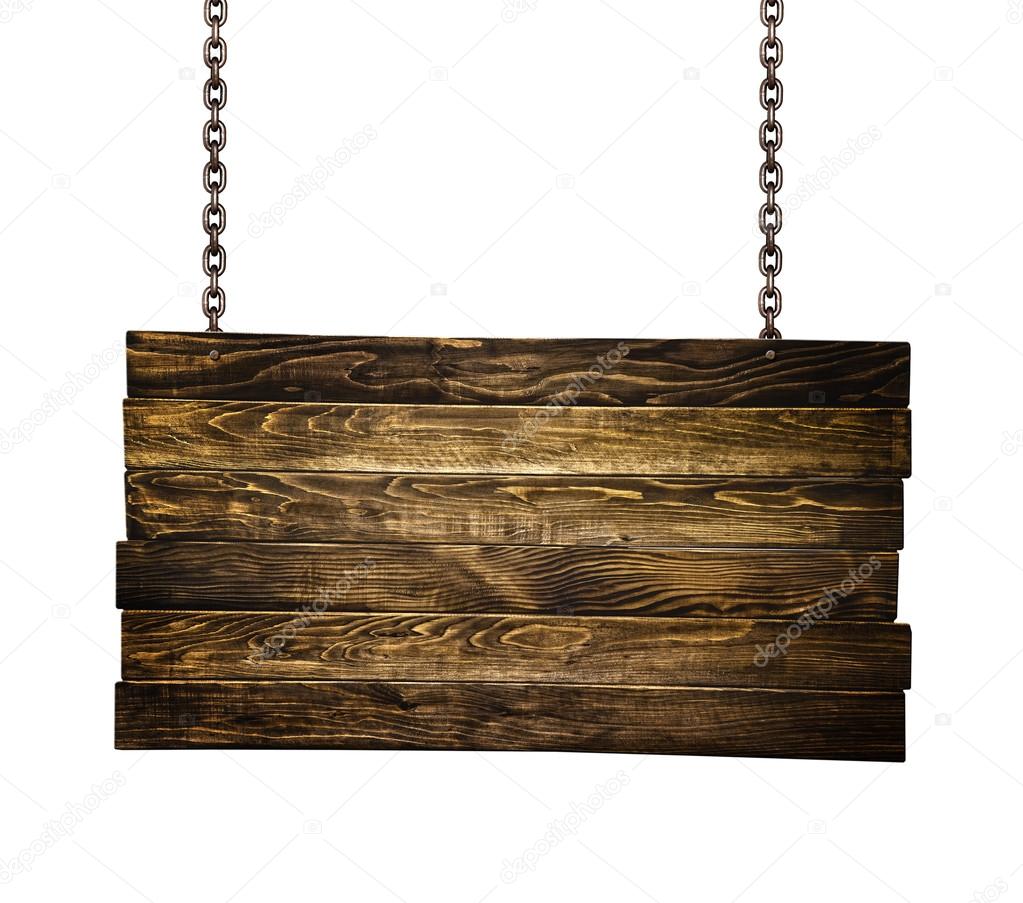 Wooden signpost hanging on chains