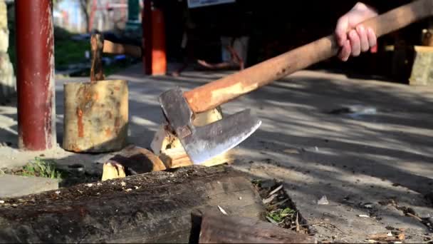 Man hakken hout logboeken met ax — Stockvideo