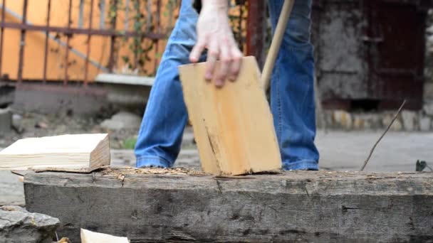 Tronchi di legno tagliati da uomo con ascia . — Video Stock