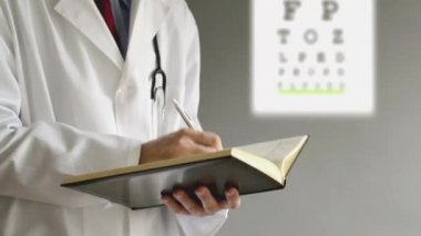 erkek göz doktoru doktor reçete hastaya göz muayene sonrasında yazma..