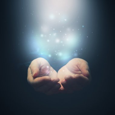 Open hands with magic particles. Holding, giving, showing concep clipart