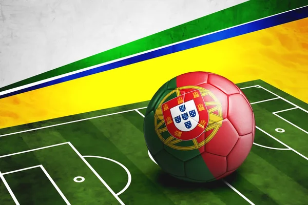 Soccer ball with Portugal flag on pitch — Stock Photo, Image