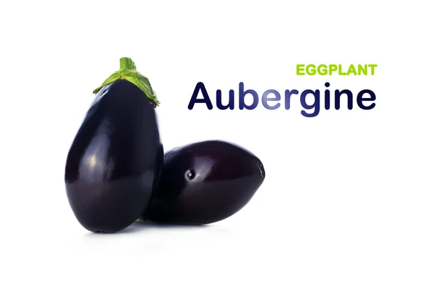 Aubergine eller aubergine på vit bakgrund med titeln — Stockfoto