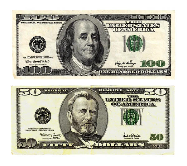 Hundred and fifty dollars bills on white background. — Stock Photo, Image