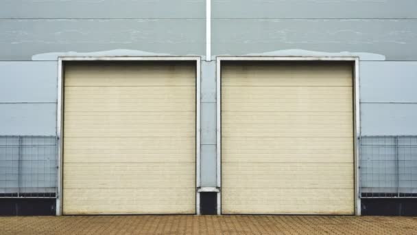 Unité industrielle avec portes à volets roulants. Les portes de stockage de l'entrepôt avec fond vert écran mate se ferment . — Video