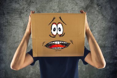 Man with cardboard box on his head and terrified look skethed clipart