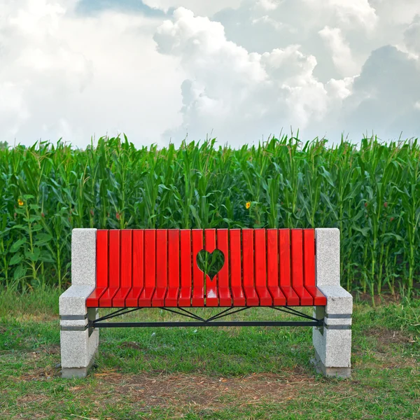 Dřevěná lavička v kukuřičném poli — Stock fotografie