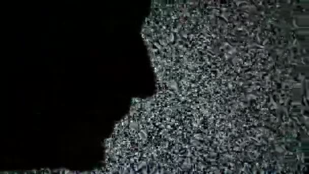 Unshaven man profile silhouette in front of static TV noise background. 1920x1080 full hd footage. — Stock Video