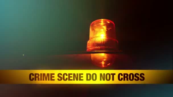 Brottsplats korsa inte gult pannband tejp och orange blinkande och roterande ljus. mord scen polisen band. — Stockvideo
