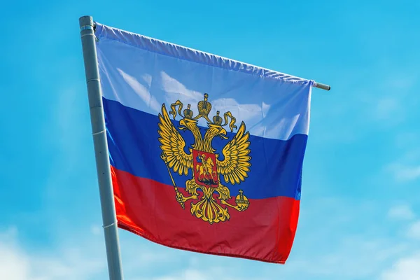Russian Flag Coat Arms Two Headed Eagle Shield Blue Sky — Stock Photo, Image