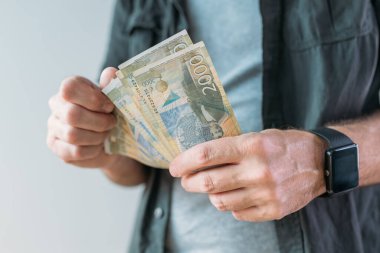 Sırp para birimi Dinar kağıt banknotları tutan adam, seçici odaklı