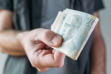 Sırp para birimi Dinar kağıt banknotları tutan adam, seçici odaklı