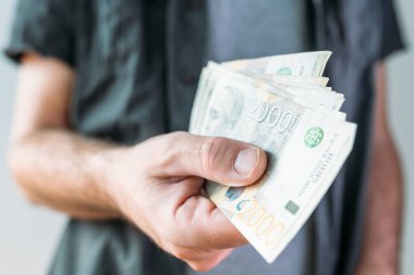 Sırp para birimi Dinar kağıt banknotları tutan adam, seçici odaklı