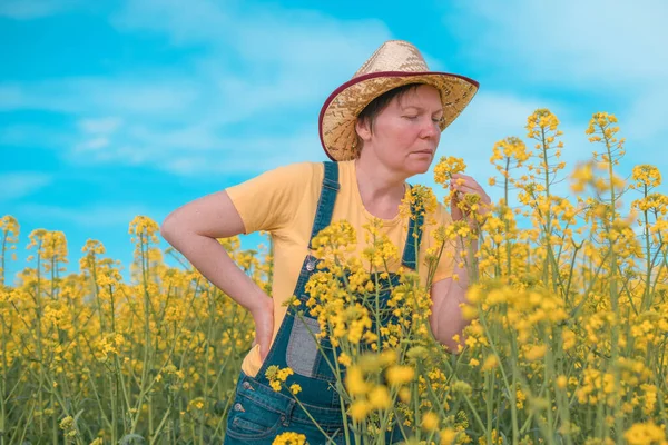 Female Agronomist Checking Development Blooming Rapeseed Crops Field Woman Working — Stock Photo, Image