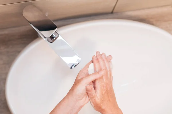 Close Female Washing Hands Soap Bathroom Selective Focus — Stock Photo, Image