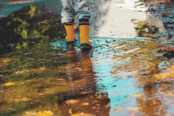 Niño Con Botas Lluvia Goma Caminando Acera Húmeda Tarde Otoño —  Fotos de Stock