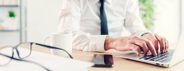 Panoramic Shot Male Businessman Working Laptop Computer Office Closeup Hands — Stock Photo, Image