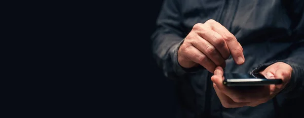 Panoramic Closeup Male Hands Using Smartphone Text Message Communication Copy — Stock Photo, Image