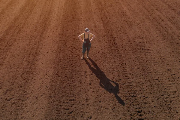 Fiduciosa Agricoltrice Soddisfatta Piedi Sul Campo Arato Punto Vista Drone — Foto Stock