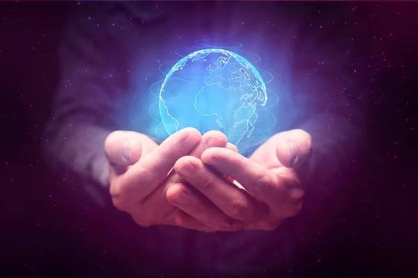 Man Having Metaverse World Palm His Cupped Hands Hand Conceptual — Stock Photo, Image