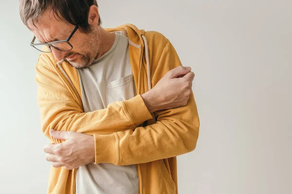 Aching Elbow Symptom Tendinitis Adult Caucasian Male Painful Grimace Looking — Stock Photo, Image