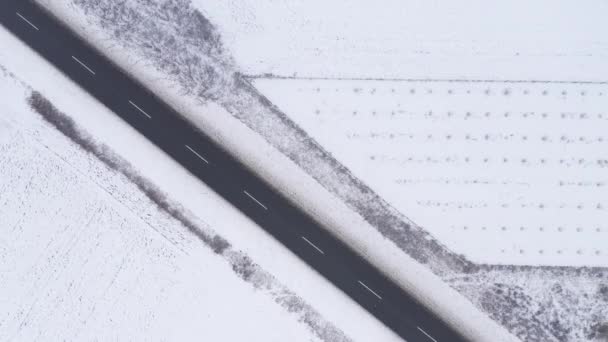 Dos Coches Carretera Invierno Arriba Hacia Abajo Plano Aéreo Desde — Vídeos de Stock