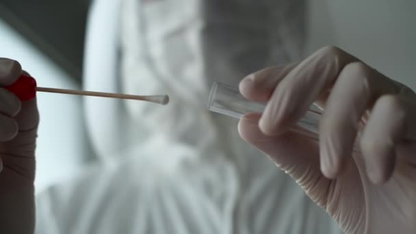 Tıbbi Profesyonelce Oral Temizleme Covid Testi Seçici Odaklanma — Stok video