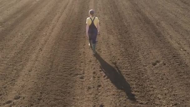Rear View Aerial Female Farmer Agronomist Walking Looking Ploughed Field — Wideo stockowe