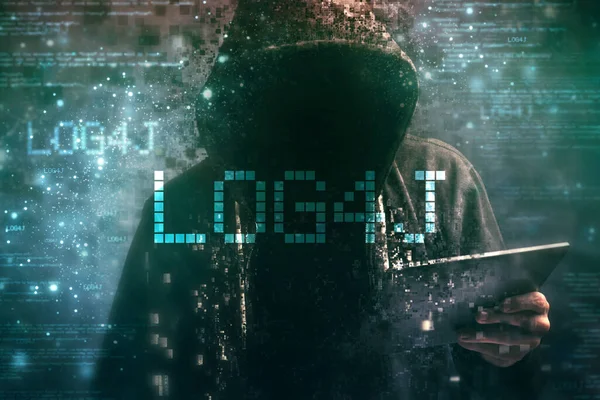 Hooded Computer Hacker Cybersecurity Vulnerability Log4J Concept Digital Glitch Effect — Stockfoto