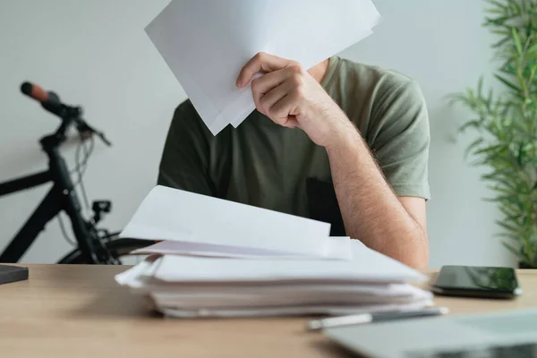 Telecommuter Stuck Paperwork Home Office Selective Focus — Stock Photo, Image