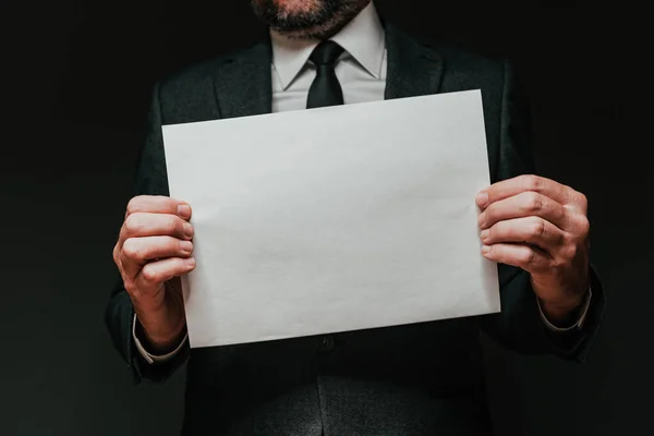 Businessman Holding Blank White Paper Mockup Copy Space Elegant Handsome — Foto Stock