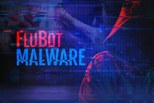 Flubot Malware Koncept Med Hætteklædte Hacker Glitch Effekt Flubot Malware - Stock-foto