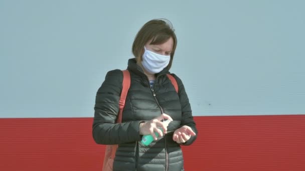 Hand Disinfection Covid Pandemics Woman Using Sanitizing Spray Disinfectant — Vídeos de Stock