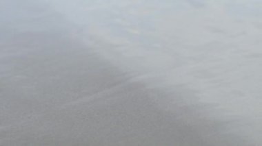 Sonbahar sabahı kumlu nehir kıyısında su dalgaları, yavaş çekim görüntüleri.