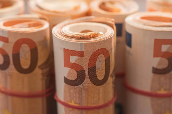 Fifty Euros Bankrolls Rolled European Union Currency Money Savings Investment — Stock Photo, Image