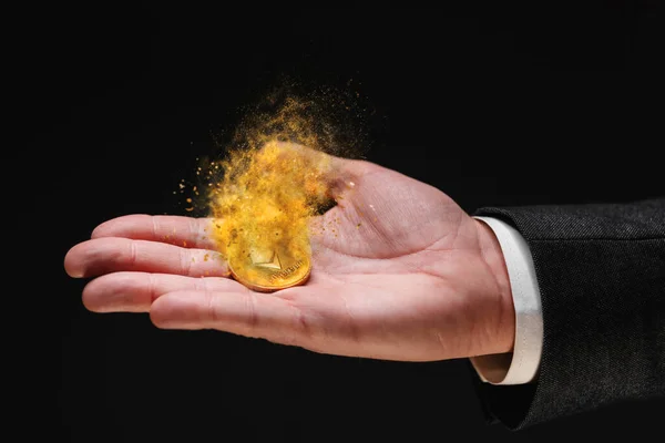 Ethereum Cryptocurrency Loosing Value Investor Holding Crypto Currency Dissolving Coin — Stock Photo, Image