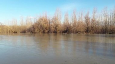 Kışın öğleden sonra sular altında kalan ağaçlar, İHA görüntüleri.