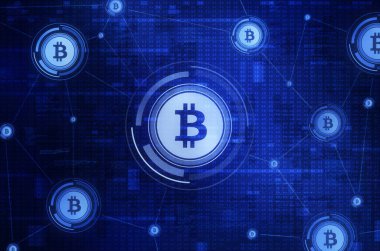 Bitcoin madenciliği ve blok zinciri teknolojisi, kavramsal 2d illüstrasyon