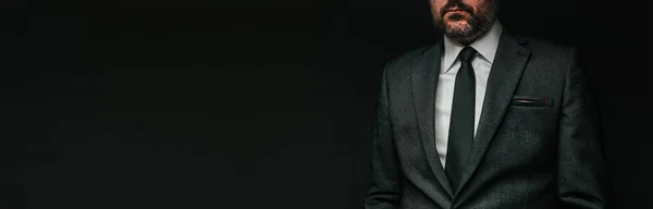 Панорамный Портрет Скромного Бизнесмена Элегантном Сером Костюме Позирующем Тёмном Фоне — стоковое фото