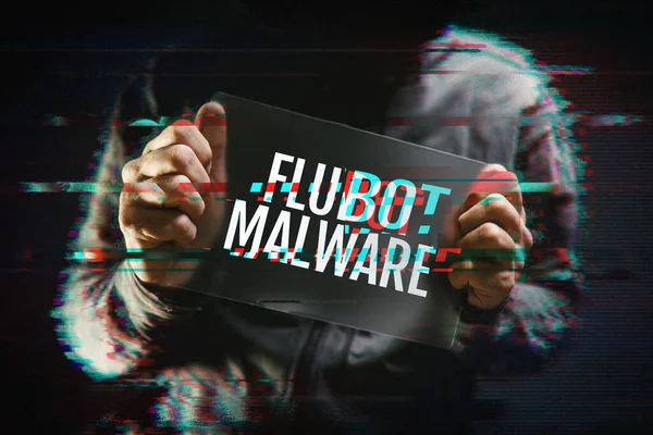 Flubot Malware Concept Hooded Hacker Glitch Effect Flubot Malware Distributed — Stock Photo, Image